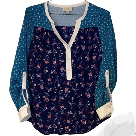 Mod Cloth Top Blouse Novelty Bird Print with Roll Tab Long Sleeves Size S - Picture 1 of 10